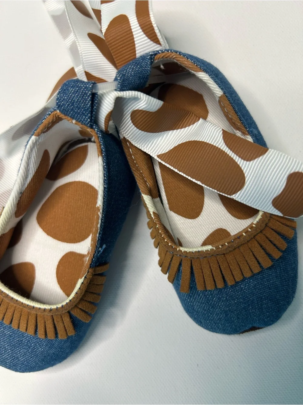 Mudpie Denim Fringe Moccasins in Blue and Brown 0-6 month 100% cotton